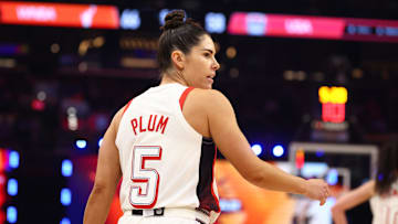 Jul 20, 2024; Phoenix, AZ, USA; Detailed view of the jersey of USA Women's National Team guard Kelsey Plum (5) during the WNBA All Star game at Footprint Center. Mandatory Credit: Mark J. Rebilas-Imagn Images