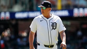 Detroit Tigers manager A.J. Hinch (14) walks off the field after a pitching change during the eighth inning at Comerica Park in Detroit on Sunday, May 12, 2024.