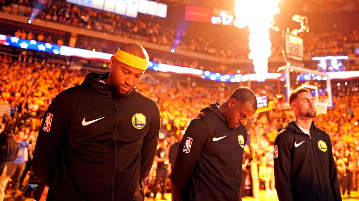 Jun 13, 2019; Oakland, CA, USA; Golden State Warriors center DeMarcus Cousins (0), forward Andre Iguodala (9) and guard Klay Thompson (11) before game six of the 2019 NBA Finals against the Toronto Raptors at Oracle Arena. Mandatory Credit: Kyle Terada-USA TODAY Sports