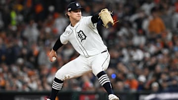 Oct 10, 2024; Detroit, Michigan, USA; Detroit Tigers pitcher Jackson Jobe (21) pitches in the in the eighth inning against the Cleveland Guardians during game four of the ALDS for the 2024 MLB Playoffs at Comerica Park. 