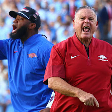 Arkansas Razorback head coach Sam Pittman reacts during the first quarter  at Vaught-Hemingway Stadium.