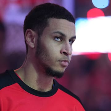 Mar 17, 2025; Portland, Oregon, USA; Portland Trail Blazers forward Kris Murray (24) stands for the National Anthem before the game against the Washington Wizards at Moda Center. Mandatory Credit: Soobum Im-Imagn Images