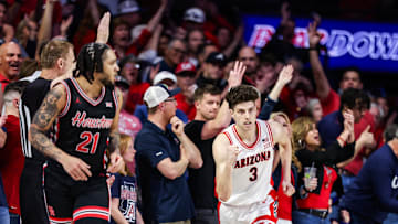 Feb 15, 2025; Tucson, Arizona, USA; Arizona Wildcats guard Anthony Dell’Orso (3) celebrates a three pointer he made against the Houston Cougars during the first half at McKale Center. Mandatory Credit: Aryanna Frank-Imagn Images