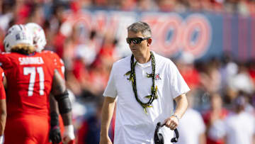 Oct 19, 2024; Tucson, Arizona, USA; Arizona Wildcats head coach Brent Brennan against the Colorado Buffalos at Arizona Stadium. Mandatory Credit: Mark J. Rebilas-Imagn Images