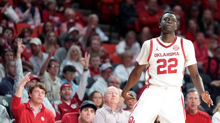 Oklahoma's Kuol Atak (22) reacts after a 3-point basket in the second half of the menÕs college basketball game between the University of Oklahoma Sooners and Ole Miss at Lloyd Noble Center in Norman, Okla., Saturday Jan. 3, 2026.