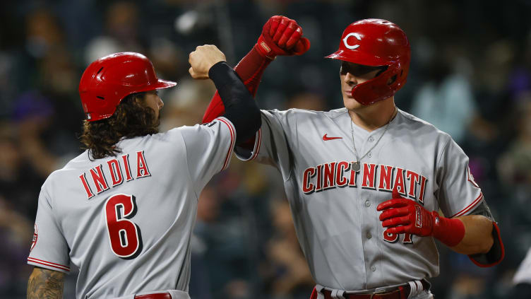 Cincinnati Reds players Tyler Stephenson, Jonathan India