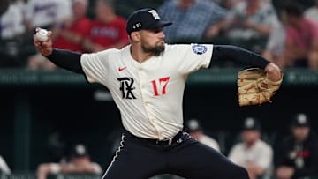 Texas Rangers starting pitcher Nathan Eovaldi (17) throws to the plate during the first inning against the Cleveland Guardians at Globe Life Field. 