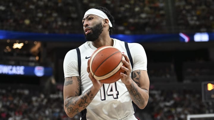 Jul 10, 2024; Las Vegas, Nevada, USA; USA forward Anthony Davis (14) catches a pass against Canada in the third quarter in the USA Basketball Showcase at T-Mobile Arena. Mandatory Credit: Candice Ward-USA TODAY Sports