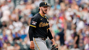 Aug 2, 2025; Denver, Colorado, USA; Pittsburgh Pirates starting pitcher Paul Skenes (30) reacts at the end of the fifth inning against the Colorado Rockies at Coors Field. Mandatory Credit: Isaiah J. Downing-Imagn Images