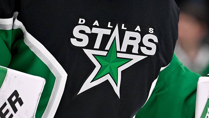 Jan 18, 2026; Dallas, Texas, USA; A view of the Dallas Stars logo on the jersey of goaltender Jake Oettinger (29) during the game at the American Airlines Center. 