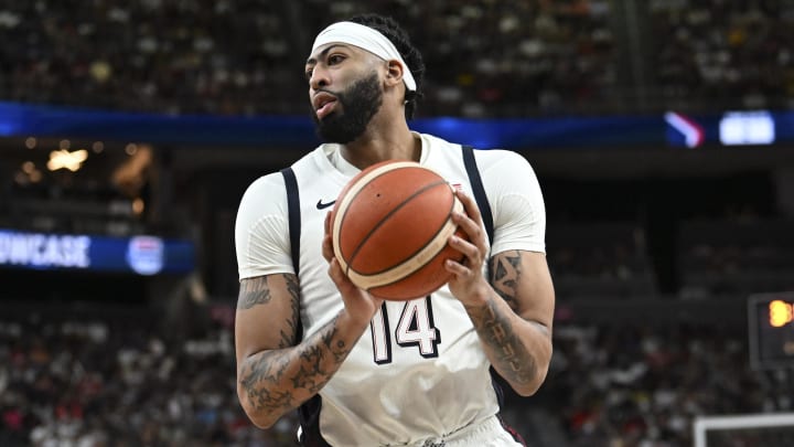 Jul 10, 2024; Las Vegas, Nevada, USA; USA center Anthony Davis (14) catches a pass against Canada in the third quarter in the USA Basketball Showcase at T-Mobile Arena. Mandatory Credit: Candice Ward-USA TODAY Sports