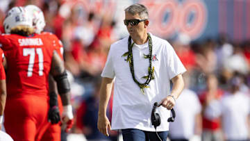 Oct 19, 2024; Tucson, Arizona, USA; Arizona Wildcats head coach Brent Brennan against the Colorado Buffalos at Arizona Stadium. 