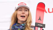 Mar 27, 2025; Sun Valley, ID, USA; Race winner Mikaela Shiffrin of the United States celebrates on the podium after winning the slalom alpine skiing race in the 2025 FIS Ski World Cup at Sun Valley. Mandatory Credit: Michael Madrid-Imagn Images