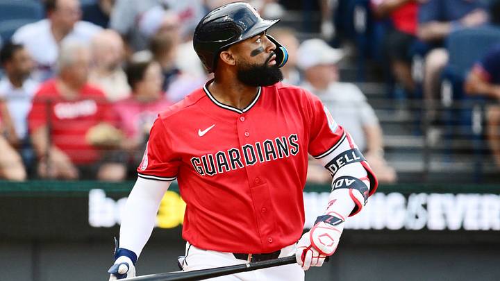 Aug 18, 2026: Cleveland Guardians right fielder Jo Adell (7) hits a three-run home run during the first inning against the San Francisco Giants at Progressive Field. Credit: Ken Blaze-Imagn Images