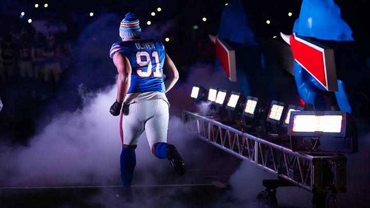 Jan 21, 2024; Orchard Park, New York, USA; Buffalo Bills defensive tackle Ed Oliver (91) against the Kansas City Chiefs in the 2024 AFC divisional round game at Highmark Stadium. Mandatory Credit: Mark J. Rebilas-USA TODAY Sports