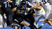 Nov 9, 2024; Boise, Idaho, USA; Boise State Broncos running back Ashton Jeanty (2) runs to the end zone against the Nevada Wolf Pack during the second half at Albertsons Stadium. Boise State won 28-21.  Mandatory Credit: Brian Losness-Imagn Images

