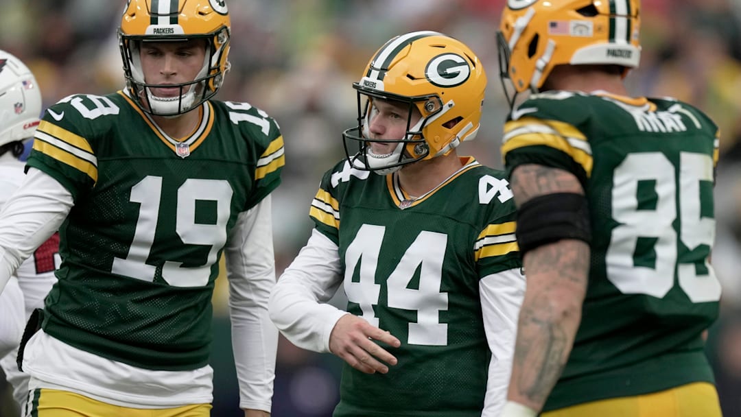 Green Bay Packers place kicker Brayden Narveson (44) reacts after missing a field goal during the third quarter of their game at Lambeau Field in Green Bay, Wisconsin. The Green Bay Packers beat the Arizona Cardinals 34-13.