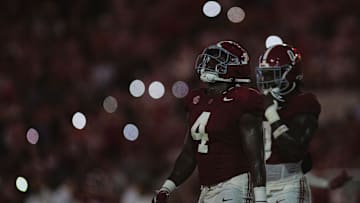 Aug 31, 2024; Tuscaloosa, Alabama, USA; Alabama Crimson Tide linebacker Qua Russaw (4) walks onto the field with Alabama’s defense during the second quarter at Bryant-Denny Stadium. Mandatory Credit: Will McLelland-Imagn Images