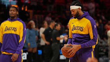 Dec 4, 2024; Miami, Florida, USA;  Los Angeles Lakers forward Anthony Davis (3) warms-up before a game against the Miami Heat at Kaseya Center. Mandatory Credit: Jim Rassol-Imagn Images