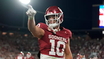 Oklahoma Sooners tight end Bauer Sharp (10) celebrates during a college football game between the University of Oklahoma Sooners (OU) and the Alabama Crimson Tide at Gaylord Family - Oklahoma Memorial Stadium in Norman, Okla., Saturday, Nov. 23, 2024. Oklahoma won 24-3.