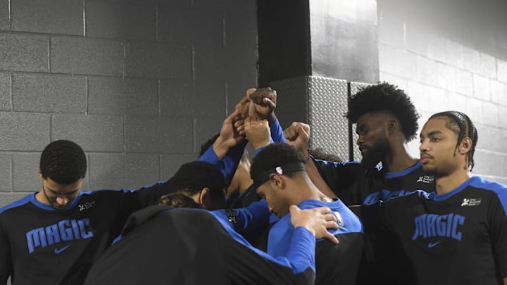 Nov 25, 2024; Charlotte, North Carolina, USA;  The Orlando Magic rally before the game against the Charlotte Hornets at the Spectrum Center. Mandatory Credit: Sam Sharpe-Imagn Images