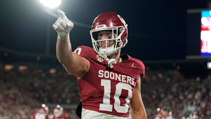 Oklahoma Sooners tight end Bauer Sharp (10) celebrates during a college football game between the University of Oklahoma Sooners (OU) and the Alabama Crimson Tide at Gaylord Family - Oklahoma Memorial Stadium in Norman, Okla., Saturday, Nov. 23, 2024. Oklahoma won 24-3.