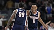 Gonzaga Bulldogs guard Khalif Battle (99) and guard Nolan Hickman (11). 