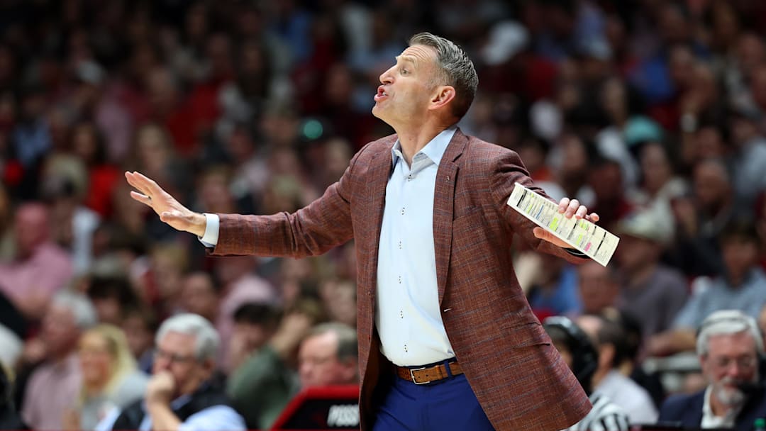 Mar 7, 2026; Tuscaloosa, Alabama, USA; Alabama Crimson Tide head coach Nate Oats reacts from the sideline during the first half against the Auburn Tigers at Coleman Coliseum. Mandatory Credit: David Leong-Imagn Images