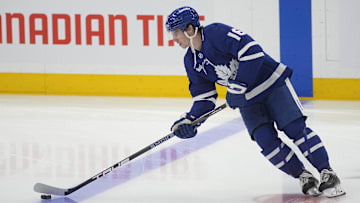 Toronto Maple Leafs forward Mitch Marner skates with the puck before Game 1 against the Florida Panthers