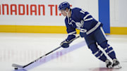 May 5, 2025; Toronto, Ontario, CAN; Toronto Maple Leafs forward Mitch Marner (16) skates with the puck before game one of the second round of the 2025 Stanley Cup Playoffs against the Florida Panthers at Scotiabank Arena. Mandatory Credit: John E. Sokolowski-Imagn Images