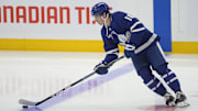 May 5, 2025; Toronto, Ontario, CAN; Toronto Maple Leafs forward Mitch Marner (16) skates with the puck before game one of the second round of the 2025 Stanley Cup Playoffs against the Florida Panthers at Scotiabank Arena. Mandatory Credit: John E. Sokolowski-Imagn Images