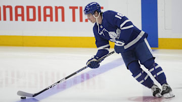 May 5, 2025; Toronto, Ontario, CAN; Toronto Maple Leafs forward Mitch Marner (16) skates with the puck before game one of the second round of the 2025 Stanley Cup Playoffs against the Florida Panthers at Scotiabank Arena.