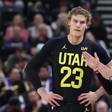 Jan 12, 2024; Salt Lake City, Utah, USA; Utah Jazz forward Lauri Markkanen (23) and head coach Will Hardy speak during a break in first half action against the Toronto Raptors at Delta Center. Mandatory Credit: Rob Gray-Imagn Images