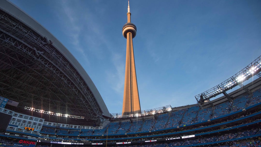 Sep 25, 2015; Toronto, Ontario, CAN; The CN Tower is visible before a game between the Tampa Bay Rays and the Toronto Blue Jays at Rogers Centre. The Toronto Blue Jays won 5-3.