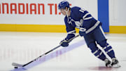 May 5, 2025; Toronto, Ontario, CAN; Toronto Maple Leafs forward Mitch Marner (16) skates with the puck before game one of the second round of the 2025 Stanley Cup Playoffs against the Florida Panthers at Scotiabank Arena. Mandatory Credit: John E. Sokolowski-Imagn Images
