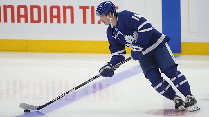May 5, 2025; Toronto, Ontario, CAN; Toronto Maple Leafs forward Mitch Marner (16) skates with the puck before game one of the second round of the 2025 Stanley Cup Playoffs against the Florida Panthers at Scotiabank Arena. Mandatory Credit: John E. Sokolowski-Imagn Images
