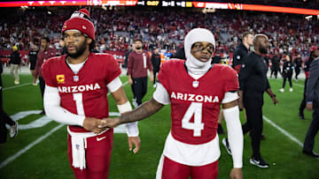 Arizona Cardinals quarterback Kyler Murray celebrates with wide receiver Greg Dortch after defeating the San Francisco 49ers