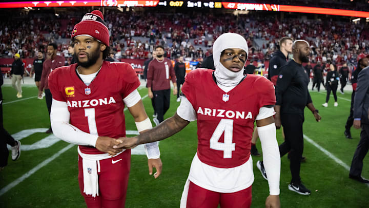 Arizona Cardinals quarterback Kyler Murray celebrates with wide receiver Greg Dortch after defeating the San Francisco 49ers Arizona Cardinals quarterback Kyler Murray celebrates with wide receiver Greg Dortch after defeating the San Francisco 49ers