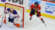 Jun 18, 2024; Sunrise, Florida, USA; Florida Panthers forward Matthew Tkachuk (19) with a wrap around attempt on goal against Edmonton Oilers goaltender Skinner Stuart (74) during the second period in game five of the 2024 Stanley Cup Final at Amerant Bank Arena. Mandatory Credit: Sam Navarro-USA TODAY Sports