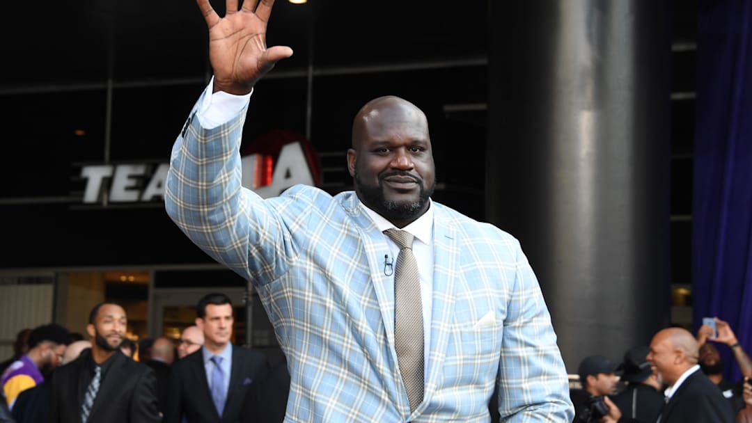 Mar 24, 2017; Los Angeles, CA, USA; Los Angeles Lakers former center Shaquille O'Neal poses at statue unveiling ceremony at Staples Center. Mandatory Credit: Kirby Lee-Imagn Images
