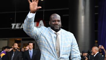 Mar 24, 2017; Los Angeles, CA, USA; Los Angeles Lakers former center Shaquille O'Neal poses at statue unveiling ceremony at Staples Center. Mandatory Credit: Kirby Lee-Imagn Images