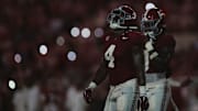 Aug 31, 2024; Tuscaloosa, Alabama, USA; Alabama Crimson Tide linebacker Qua Russaw (4) walks onto the field with Alabama’s defense during the second quarter at Bryant-Denny Stadium. Mandatory Credit: Will McLelland-Imagn Images