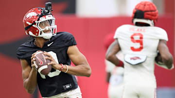 Aug 14, 2025; Fayetteville, AR, USA; Arkansas Razorbacks quarterback Taylen Green (10) drops back to pass during practice. Mandatory Credit: Nelson Chenault-Imagn Images
