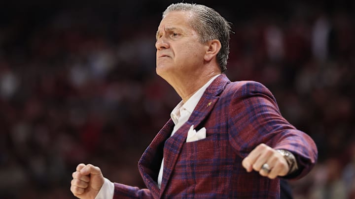 Feb 25, 2026; Fayetteville, Arkansas, USA; Arkansas Razorbacks head coach John Calipari reacts against the Texas A&M Aggies during the first half at Bud Walton Arena. Mandatory Credit: Nelson Chenault-Imagn Images