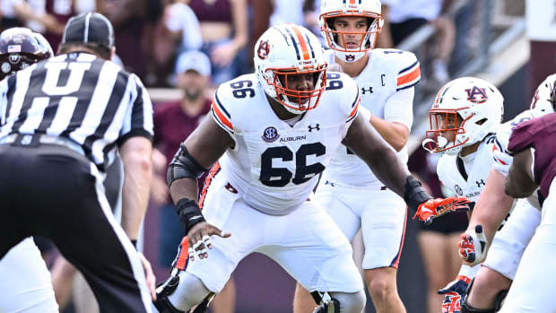 Sep 23, 2023; College Station, Texas, USA; Auburn Tigers offensive lineman Avery Jones (66) in action against Texas A&M