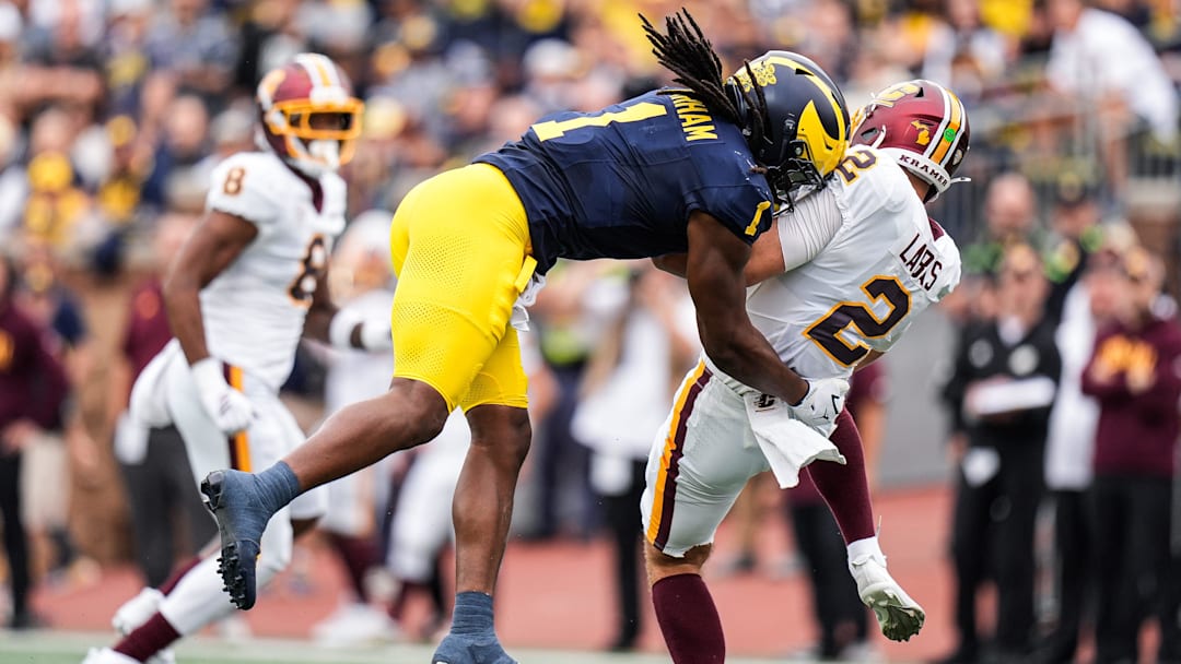 Michigan linebacker Jaishawn Barham (1) sacks Central Michigan quarterback Joe Labas (2)during the first half at Michigan Stadium in Ann Arbor on Saturday, Sept. 13, 2025.