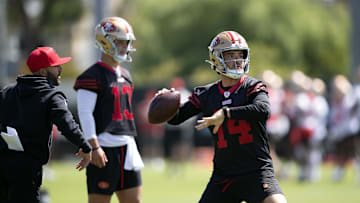 Jun 11, 2025; Santa Clara, CA, USA; San Francisco 49ers quarterback Tanner Mordecai (14) throws a pass during a team OTA at Levi's Stadium. Mandatory Credit: D. Ross Cameron-Imagn Images