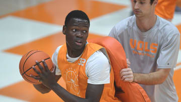 St. John's basketball transfer Handje Tamba (32) looks to pass during a Tennessee basketball practice in Pratt Pavilion
