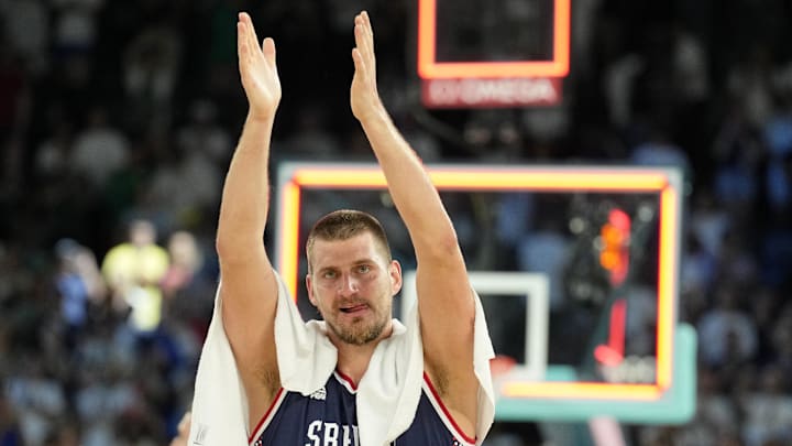 Aug 10, 2024; Paris, France; Serbia power forward Nikola Jokic (15) celebrates after their win against Germany in the men's basketball bronze medal game during the Paris 2024 Olympic Summer Games at Accor Arena. Mandatory Credit: Kyle Terada-Imagn Images Aug 10, 2024; Paris, France; Serbia power forward Nikola Jokic (15) celebrates after their win against Germany in the men's basketball bronze medal game during the Paris 2024 Olympic Summer Games at Accor Arena. Mandatory Credit: Kyle Terada-Imagn Images