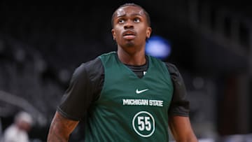 Mar 27, 2025; Atlanta, GA, USA; Michigan State Spartans forward Coen Carr (55) in action during NCAA Tournament South Regional Practice at State Farm Arena. Mandatory Credit: Brett Davis-Imagn Images